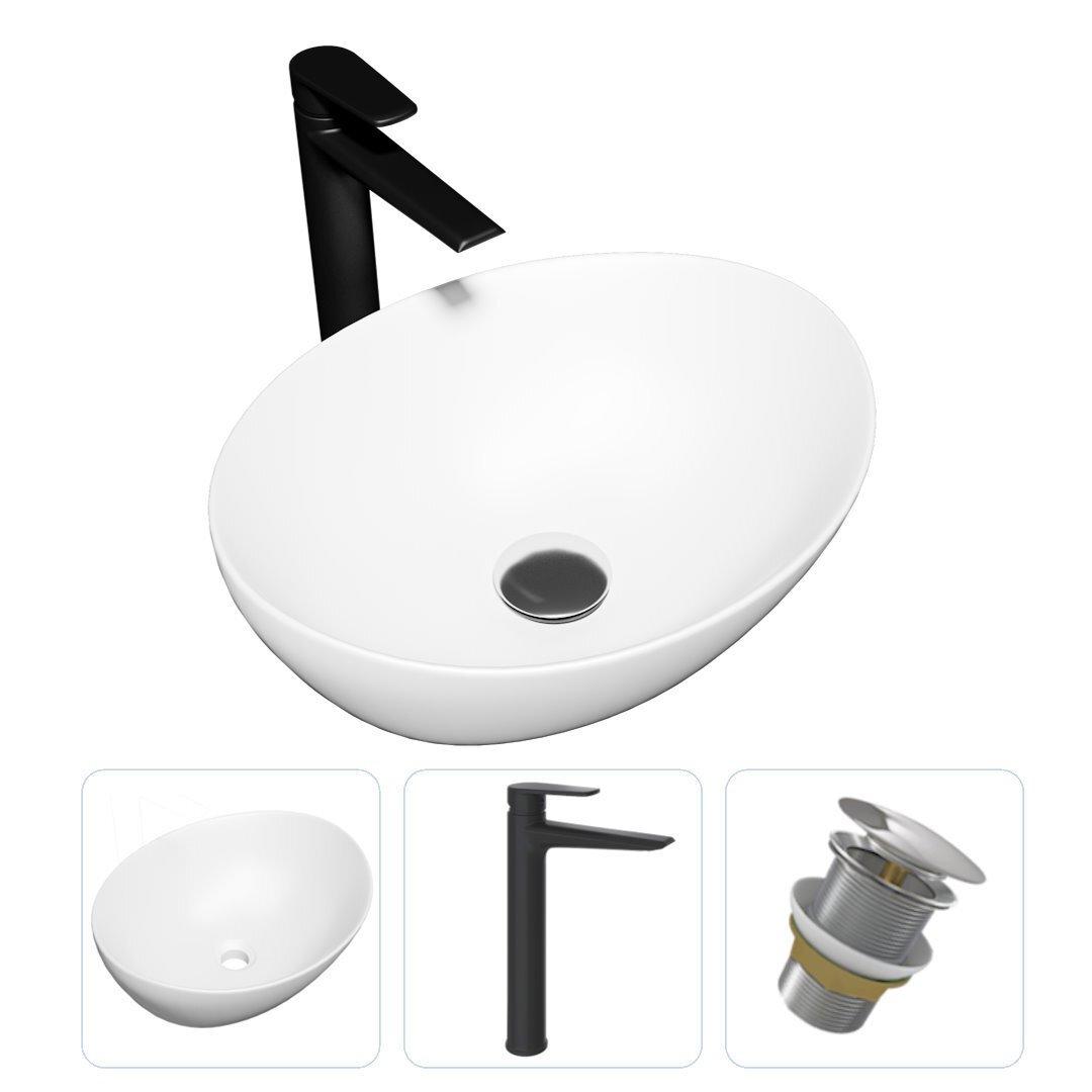 Изображение товара Комплект Teymi раковина F07870 Lori 40 накладная, смеситель Kati высокий, черный матовый, выпуск Teymi без перелива хром F07870