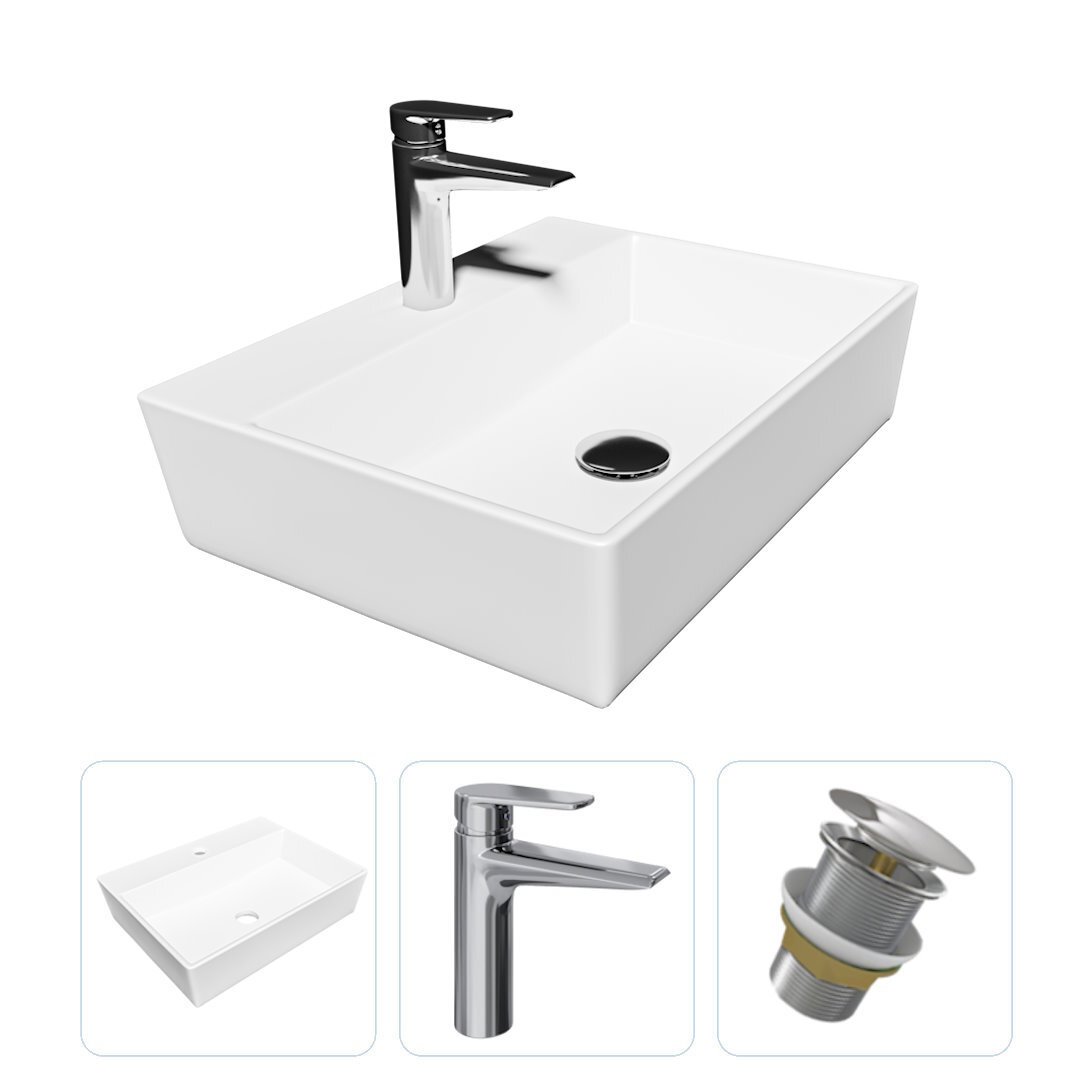 Изображение товара Комплект Teymi раковина F07744 Aina 56 с полочкой, смеситель Kati, хром, выпуск Teymi без перелива хром F07744