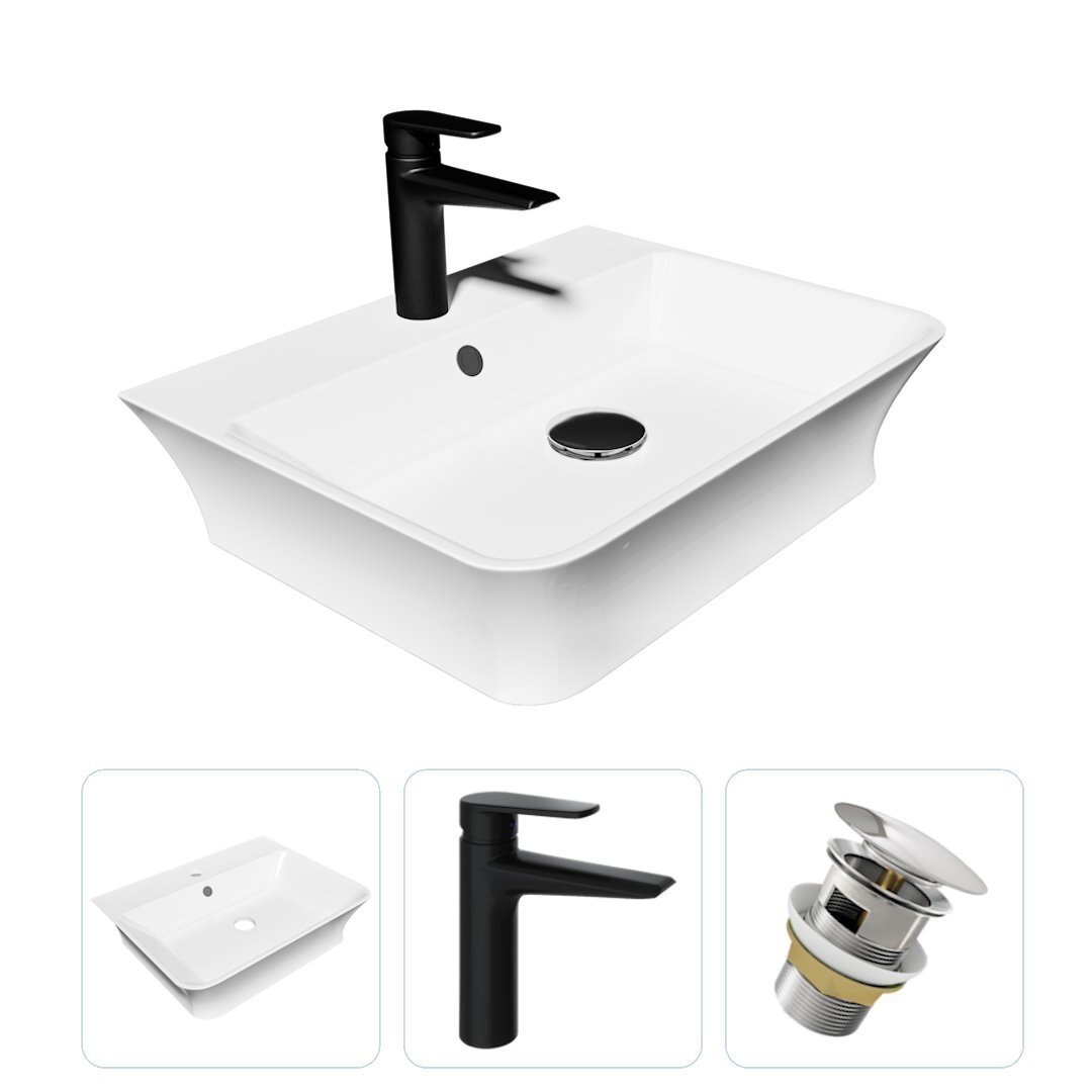 Изображение товара Комплект Teymi раковина F07768 Aina 49 с полочкой, смеситель Kati, черный матовый, выпуск Teymi с переливом хром F07768