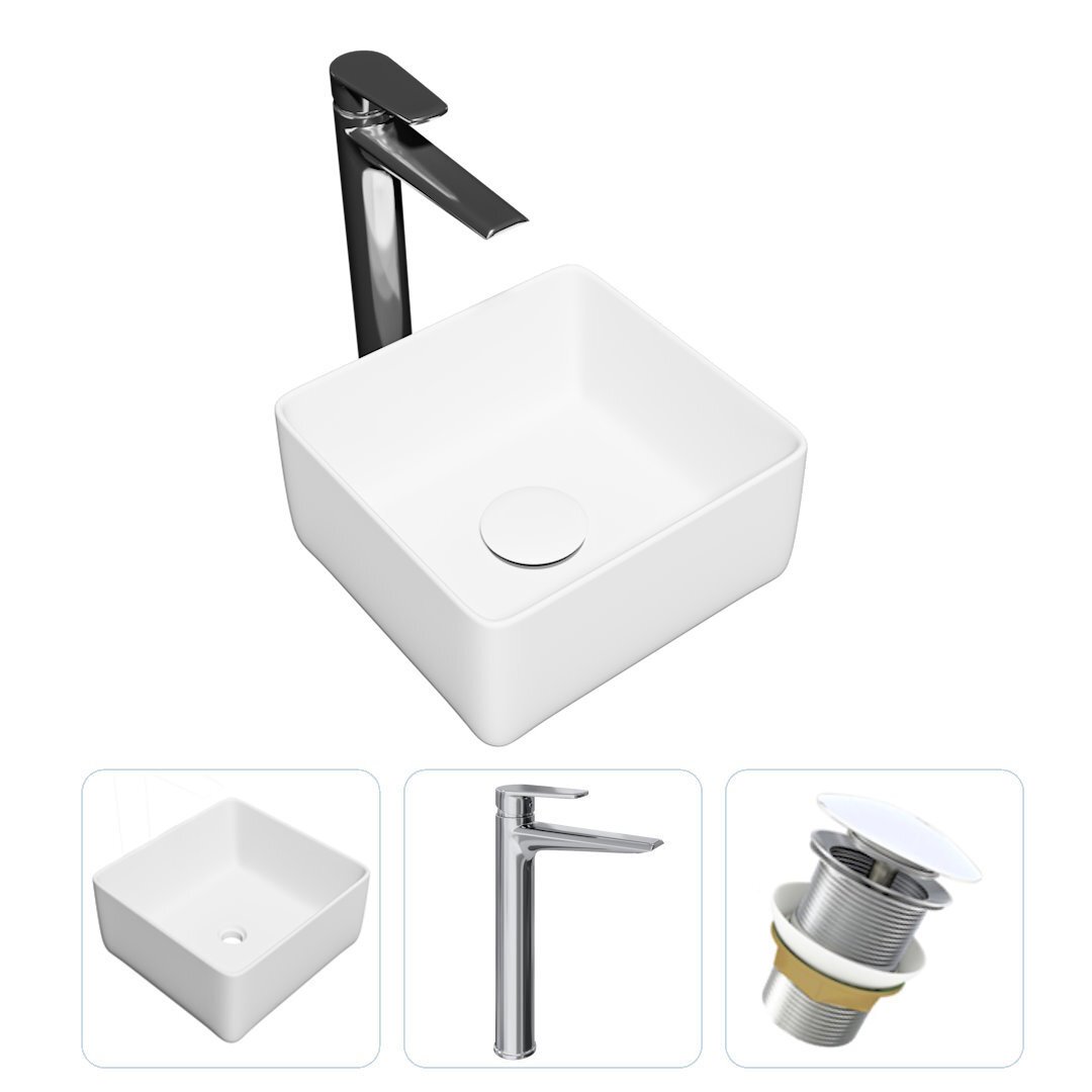 Изображение товара Комплект Teymi раковина F07796 Helmi Mini 24 накладная, смеситель Kati высокий, хром, выпуск Teymi без перелива белый F07796