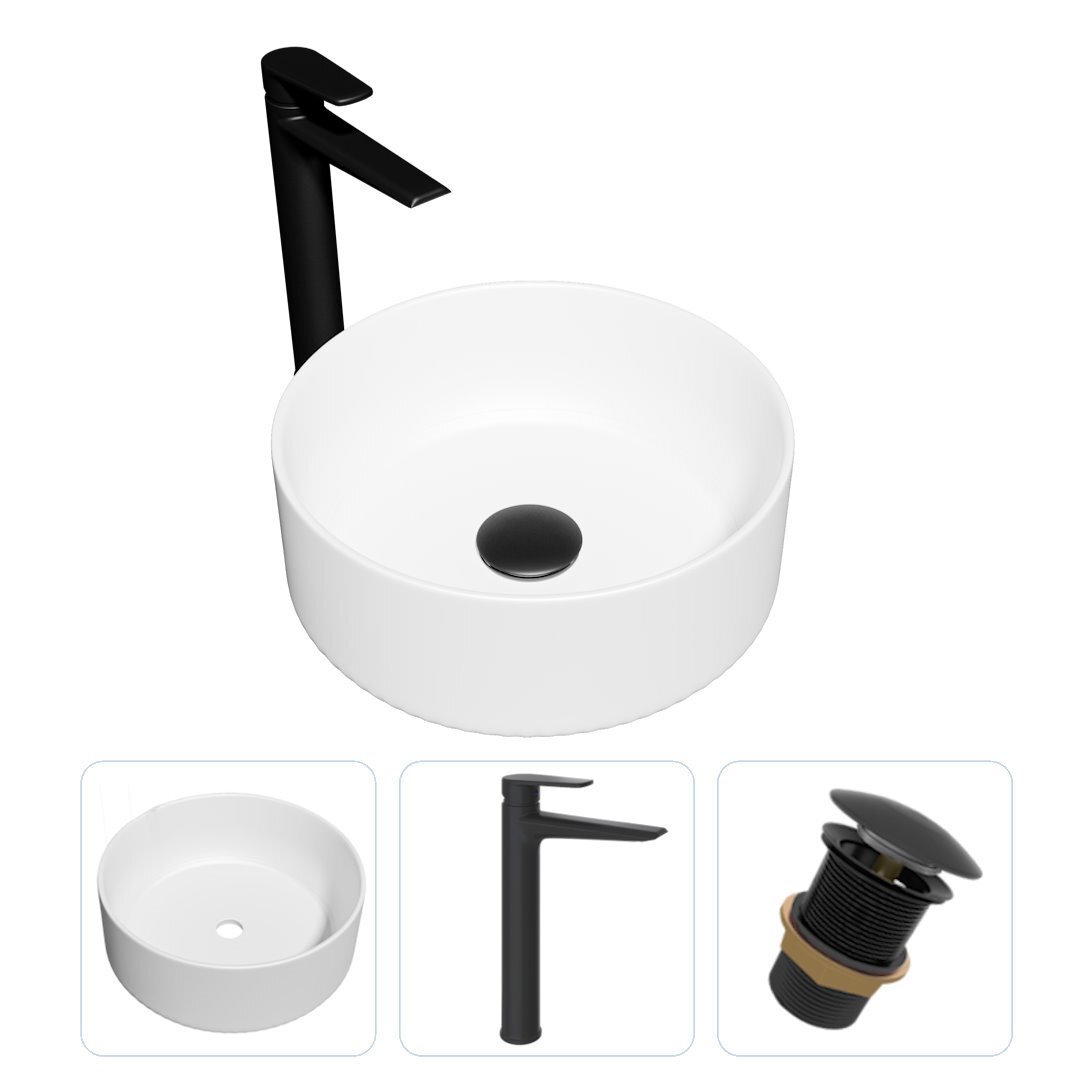 Изображение товара Комплект Teymi раковина F07839 Lina D41 накладная, смеситель Kati высокий, черный матовый, выпуск без перелива F07839