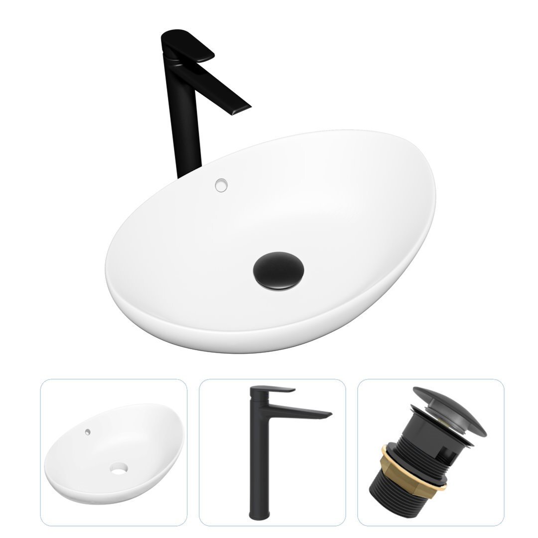 Изображение товара Комплект Teymi раковина F07833 Lori 60 накладная, смеситель Kati высокий, черный матовый, выпуск с переливом F07833