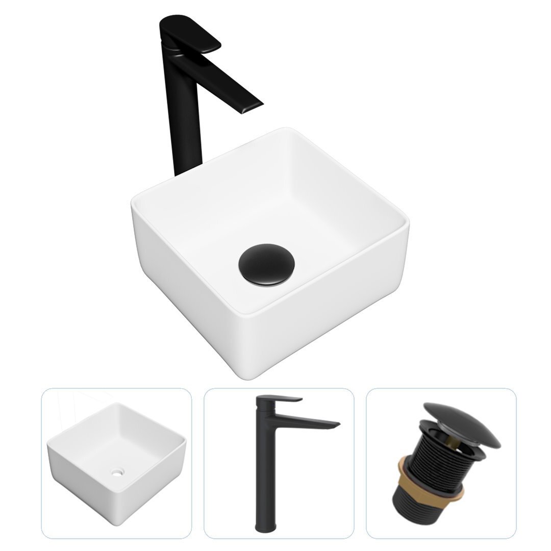 Изображение товара Комплект TEYMI Helmi Mini 24: раковина накладная санфарфор белая и смеситель Kati высокий черный ма