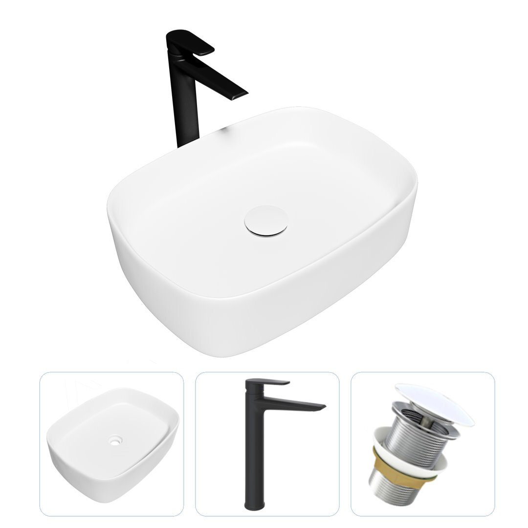 Изображение товара Комплект Teymi раковина F07859 Solli 51 накладная, смеситель Kati высокий, черный матовый, выпуск Teymi без перелива белый F07859