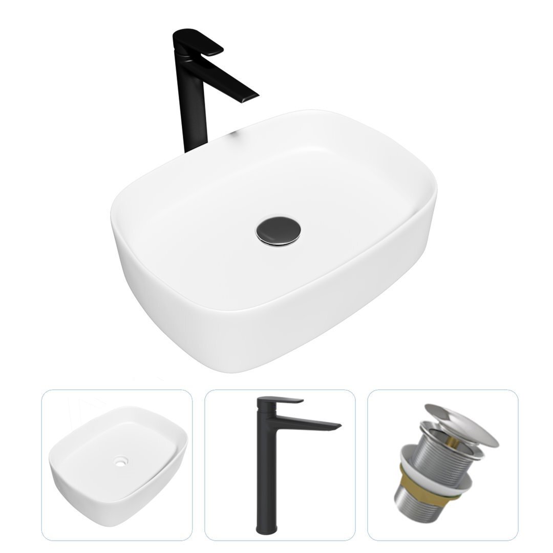 Изображение товара Раковина TEYMI Solli 51 накладная (белый глянец) + смеситель Teymi Kati высокий черный матовый