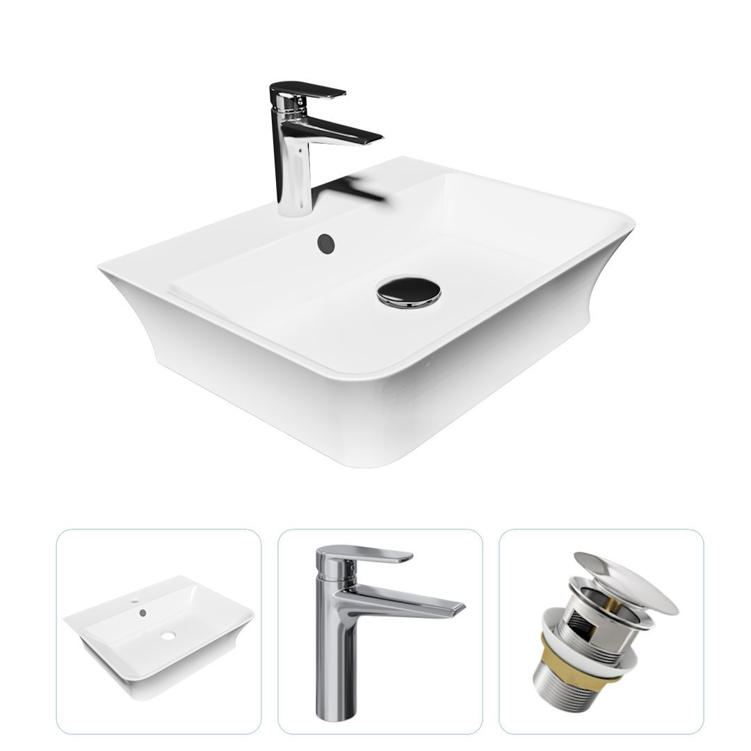 Изображение товара Комплект Teymi раковина F07741 Aina 49 с полочкой, смеситель Kati, хром, выпуск Teymi с переливом хром F07741