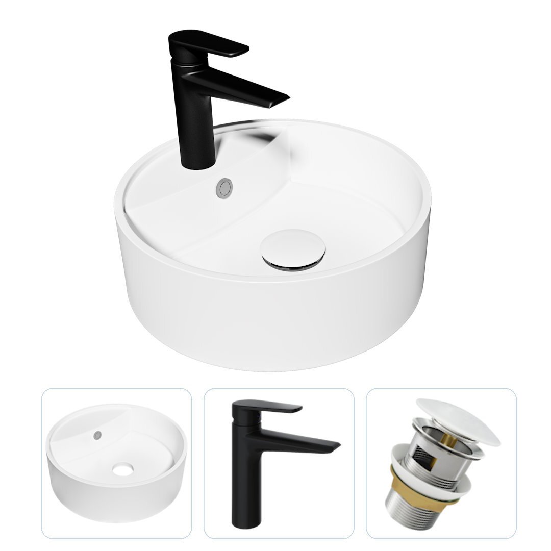 Изображение товара Комплект Teymi раковина F07751 Lina S D40 с полочкой, смеситель Kati, черный матовый, выпуск Teymi с переливом белый F07751