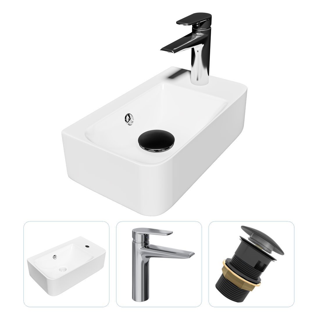 Изображение товара Комплект Teymi раковина F07749 Hanna 45 правая, смеситель Kati, хром, выпуск Teymi с переливом черный F07749