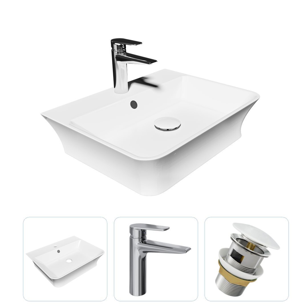 Изображение товара Комплект Teymi раковина F07739 Aina 49 с полочкой, смеситель Kati, хром, выпуск Teymi с переливом белый F07739