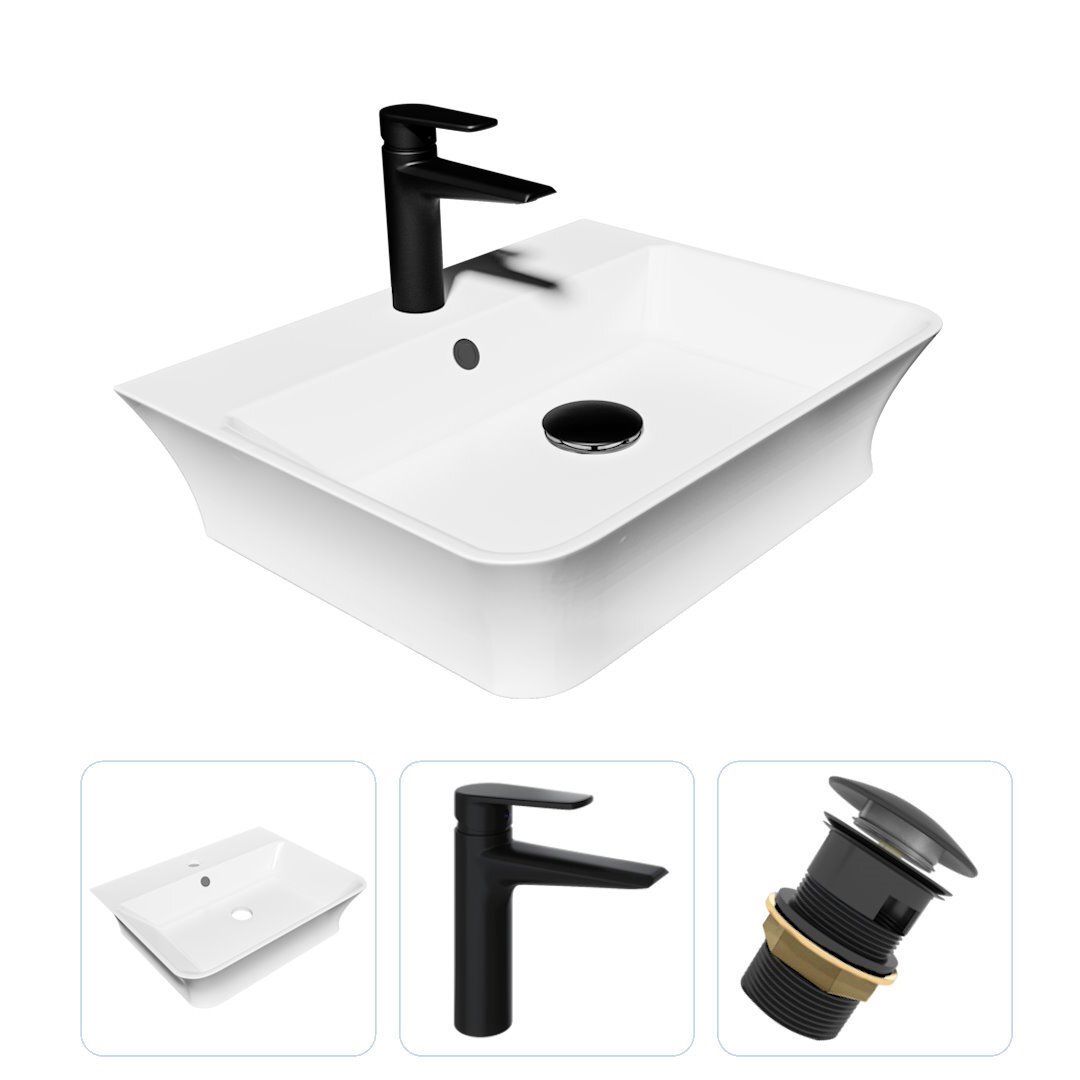 Изображение товара Комплект раковина Teymi Aina 49, смеситель Kati черный мат, донный клапан