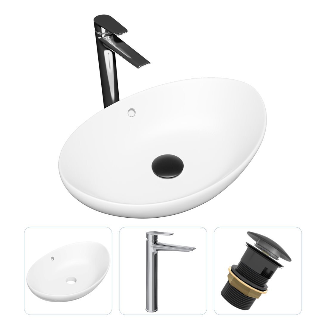 Изображение товара Комплект Teymi раковина F07779 Lori 60 накладная, смеситель Kati высокий, хром, выпуск Teymi с переливом черный F07779