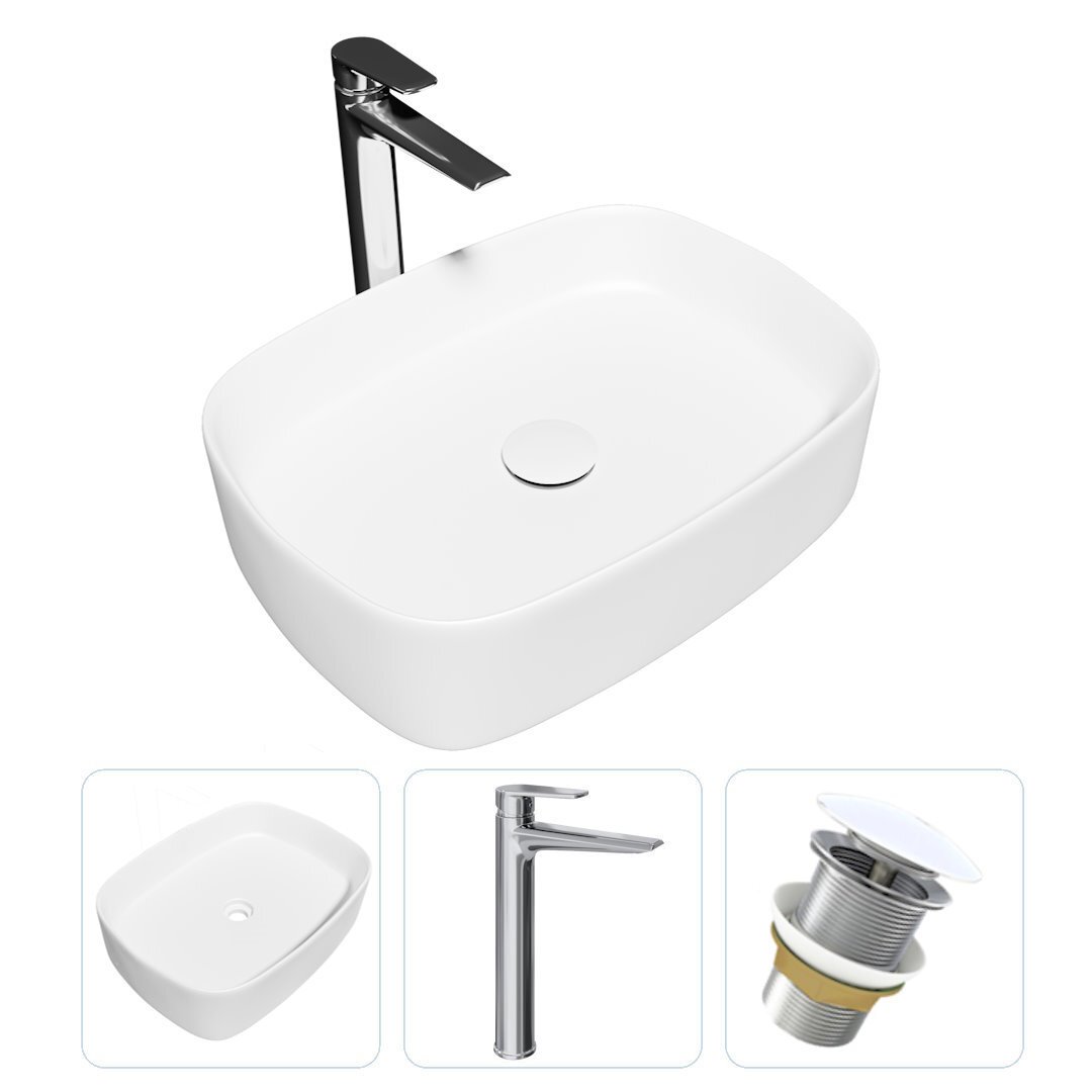 Изображение товара Комплект Teymi раковина F07805 Solli 51 накладная, смеситель Kati высокий, хром, выпуск Teymi без перелива белый F07805