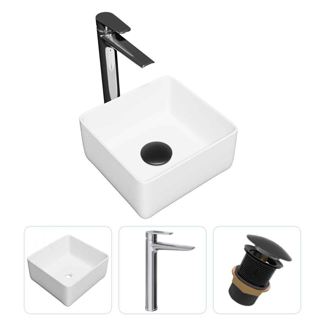 Изображение товара Комплект Teymi раковина F07797 Helmi Mini 24 накладная, смеситель Kati высокий, хром, выпуск Teymi без перелива черный F07797