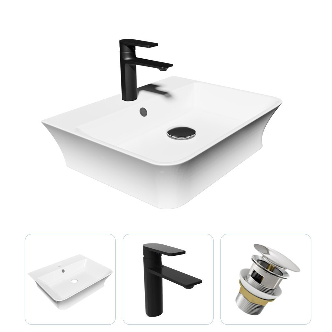 Изображение товара Комплект Teymi раковина F07687 Aina 49 с полочкой, смеситель Ellie, черный матовый, выпуск Teymi с переливом хром F07687