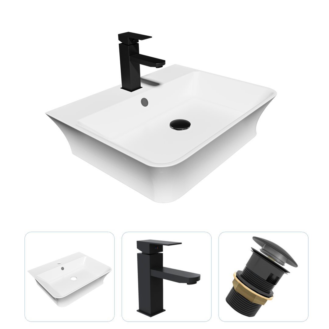 Изображение товара Комплект Teymi раковина F07713 Aina 49 с полочкой, смеситель Helmi Pro, черный матовый, выпуск с переливом F07713