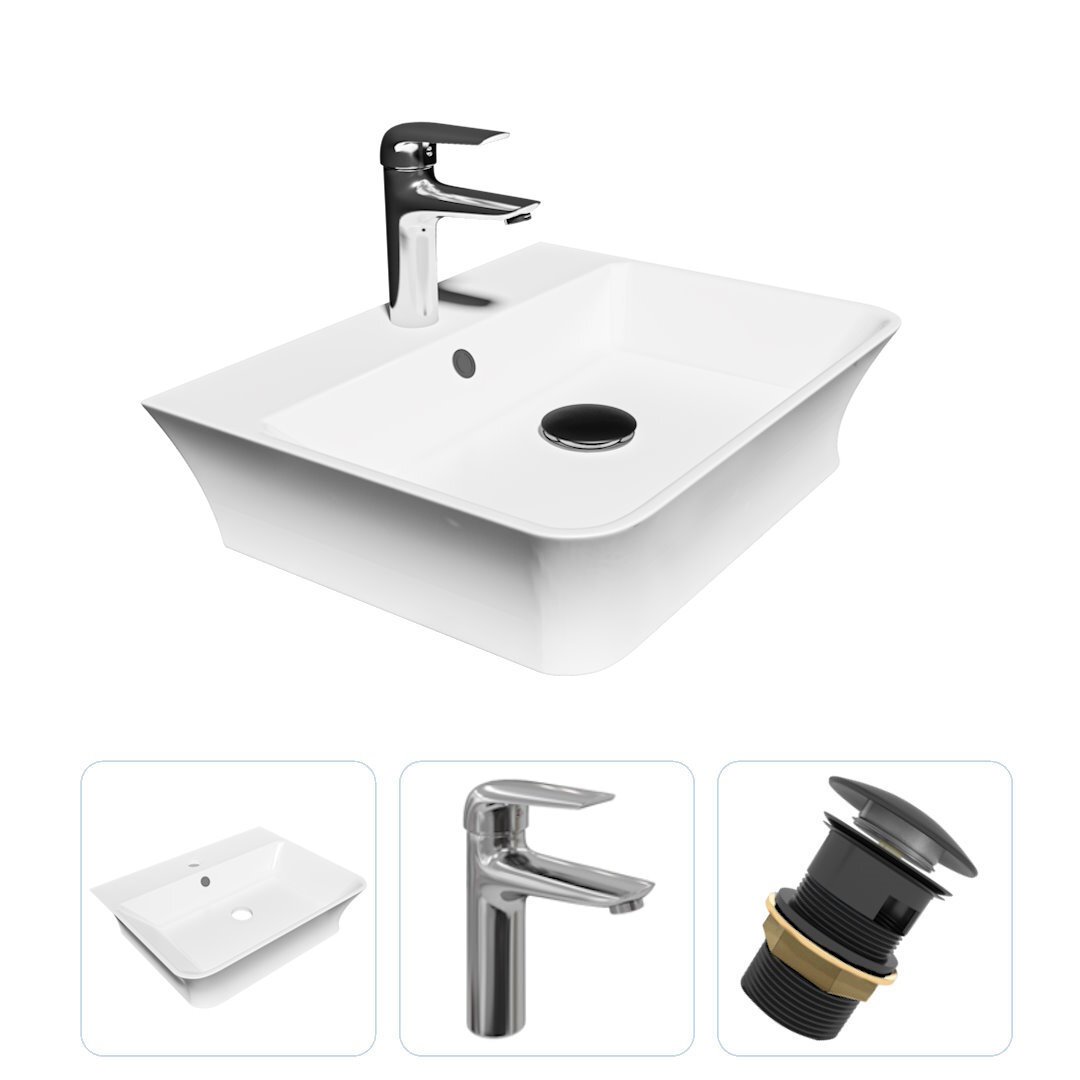 Изображение товара Комплект Teymi раковина F07632 Aina 49 с полочкой, смеситель Hanna, хром, выпуск Teymi с переливом черный F07632