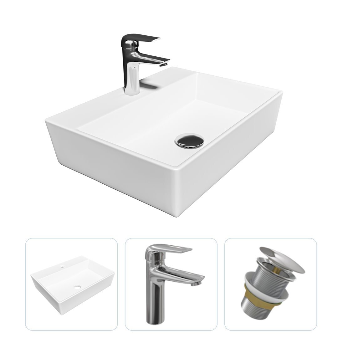 Изображение товара Комплект Teymi раковина F07636 Aina 56 с полочкой, смеситель Hanna, хром, выпуск Teymi без перелива хром F07636