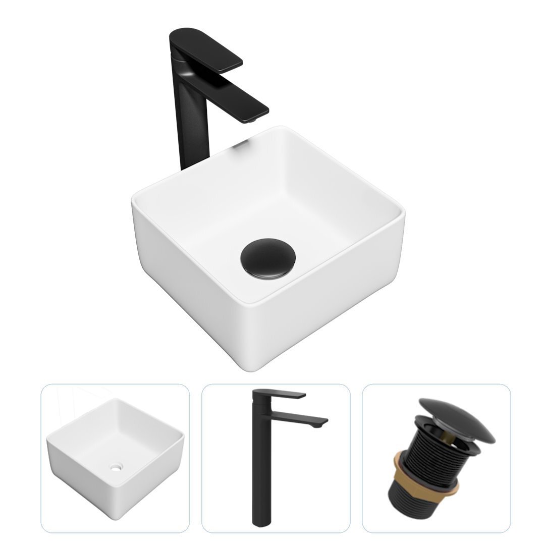 Изображение товара Комплект Teymi раковина F01865 Helmi Mini 24 накладная, смеситель Ellie высокий, черный матовый, выпуск без перелива F01865