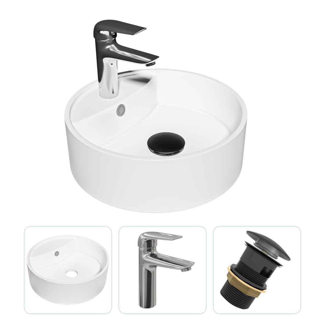 Изображение товара Комплект Teymi раковина F07617 Lina S D40 с полочкой, смеситель Hanna, хром, выпуск Teymi с переливом черный F07617