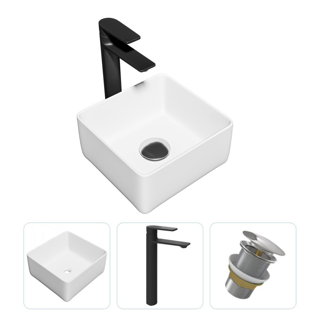 Изображение товара Комплект Teymi раковина F01866 Helmi Mini 24 накладная, смеситель Ellie высокий, черный матовый, выпуск Teymi без перелива хром F01866