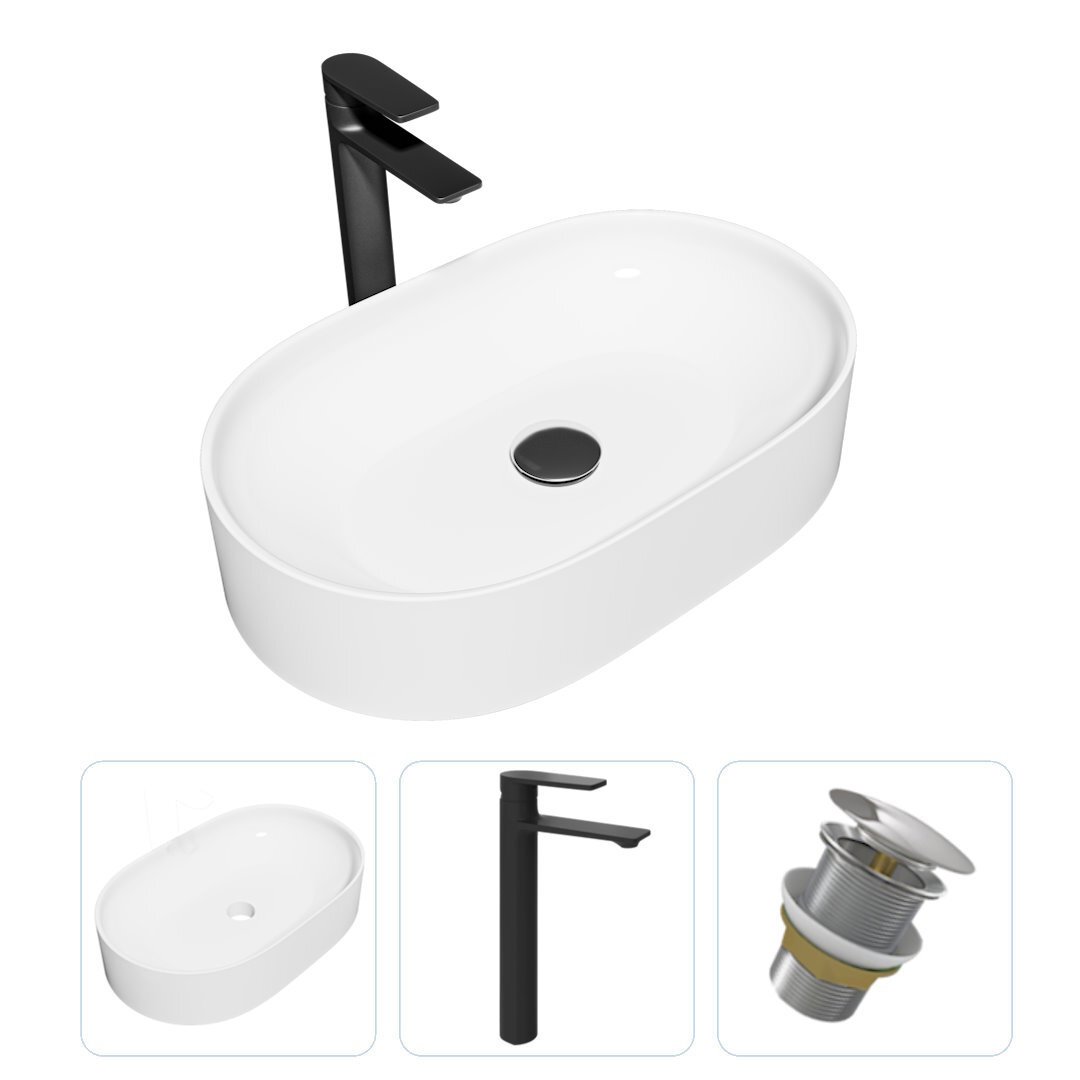 Изображение товара Комплект Teymi раковина F01893 Iva 52 накладная, смеситель Ellie высокий, черный матовый, выпуск Teymi без перелива хром F01893