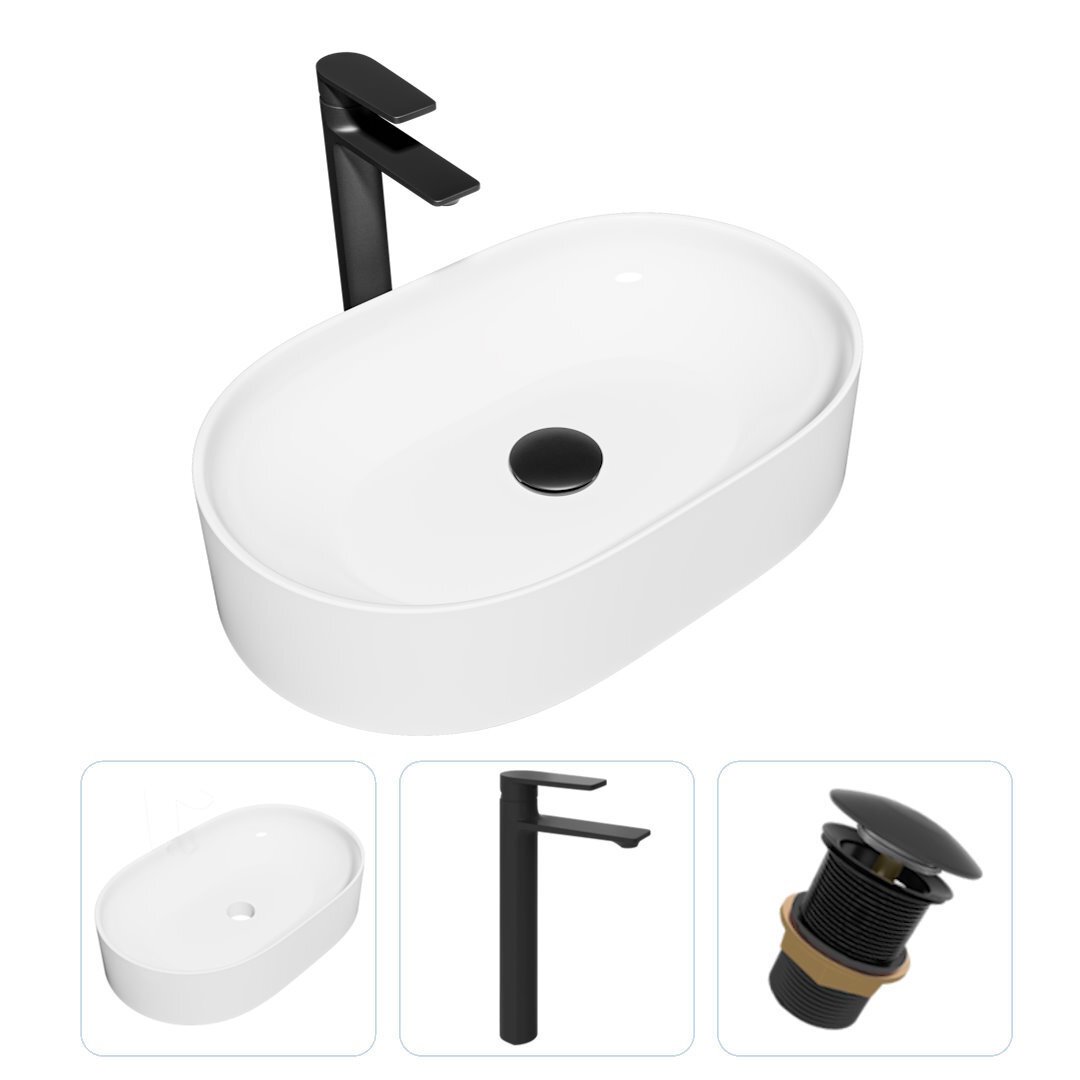 Изображение товара Комплект Teymi раковина F01892 Iva 52 накладная, смеситель Ellie высокий, черный матовый, выпуск без перелива F01892