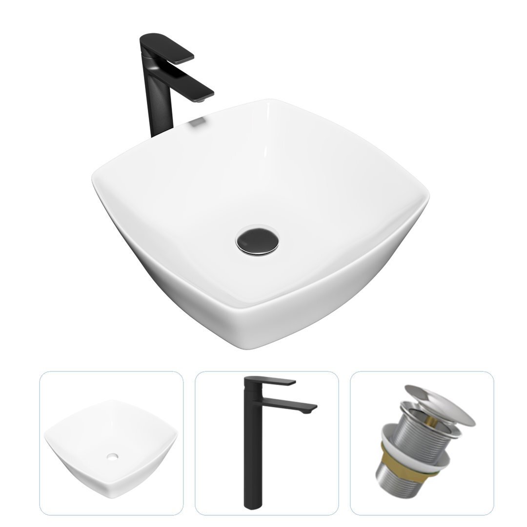 Изображение товара Комплект Teymi раковина F01899 Kati 43 накладная, смеситель Ellie высокий, черный матовый, выпуск Teymi без перелива хром F01899