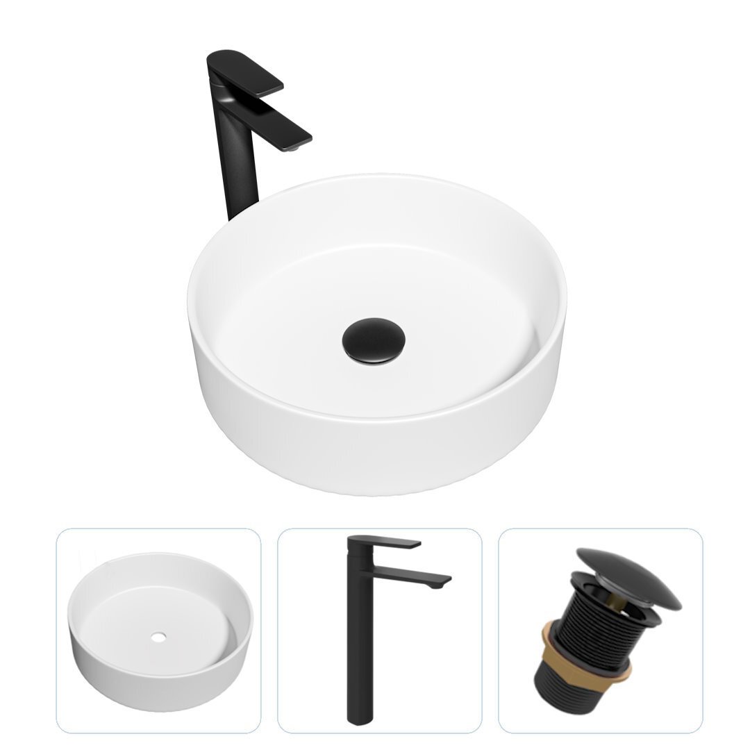 Изображение товара Комплект Teymi раковина F01856 Lina D35 накладная, смеситель Ellie высокий, черный матовый, выпуск без перелива F01856