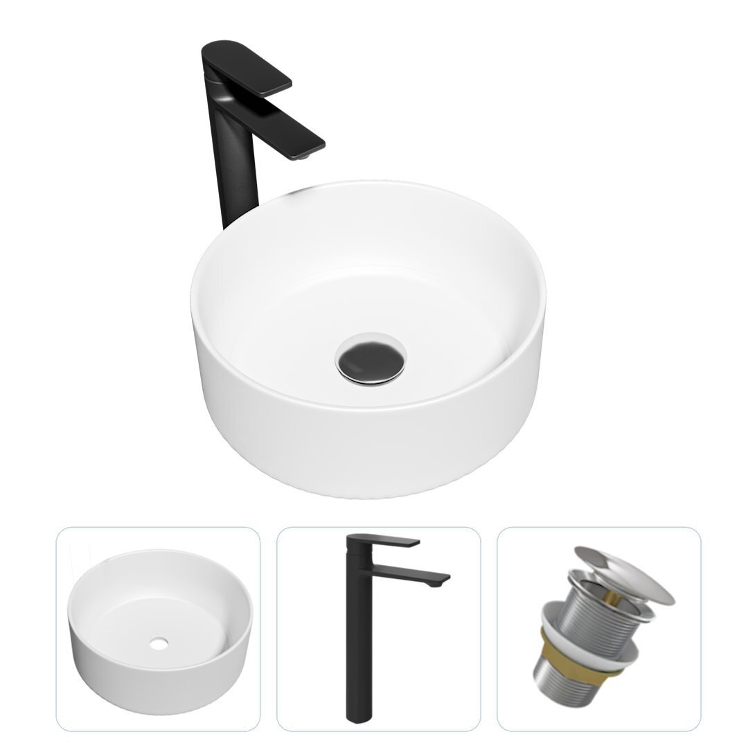 Изображение товара Комплект Teymi раковина F01854 Lina D41 накладная, смеситель Ellie высокий, черный матовый, выпуск Teymi без перелива хром F01854