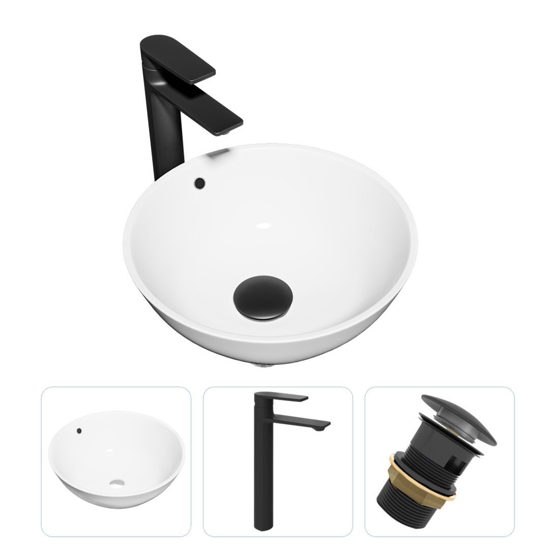 Изображение товара Комплект Teymi раковина F01850 Lina kuppi D40 накладная, смеситель Ellie высокий, черный матовый, выпуск с переливом F01850