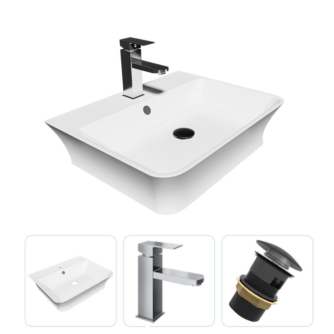 Изображение товара Комплект раковина Teymi Aina 49 с смесителем Helmi Pro и клапаном с переливом