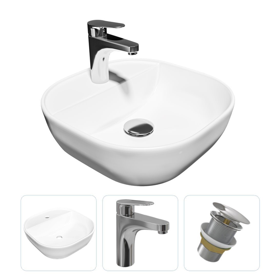 Изображение товара Комплект Teymi раковина F01668 Solli 40 накладная с полочкой, смеситель Ritta, хром, выпуск Teymi без перелива хром F01668