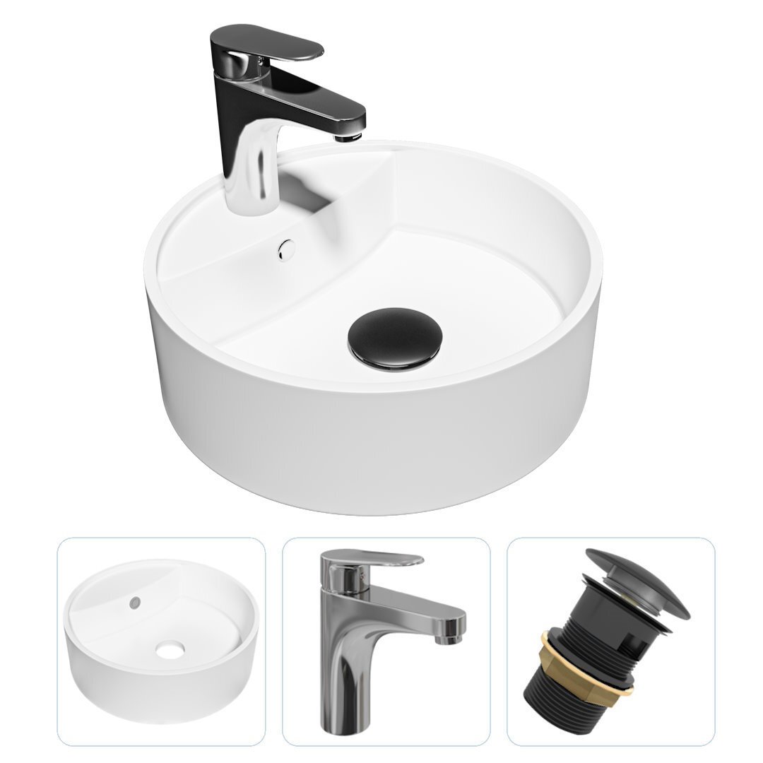 Изображение товара Комплект Teymi раковина F01658 Lina S D40 с полочкой, смеситель Ritta, хром, выпуск Teymi с переливом черный F01658