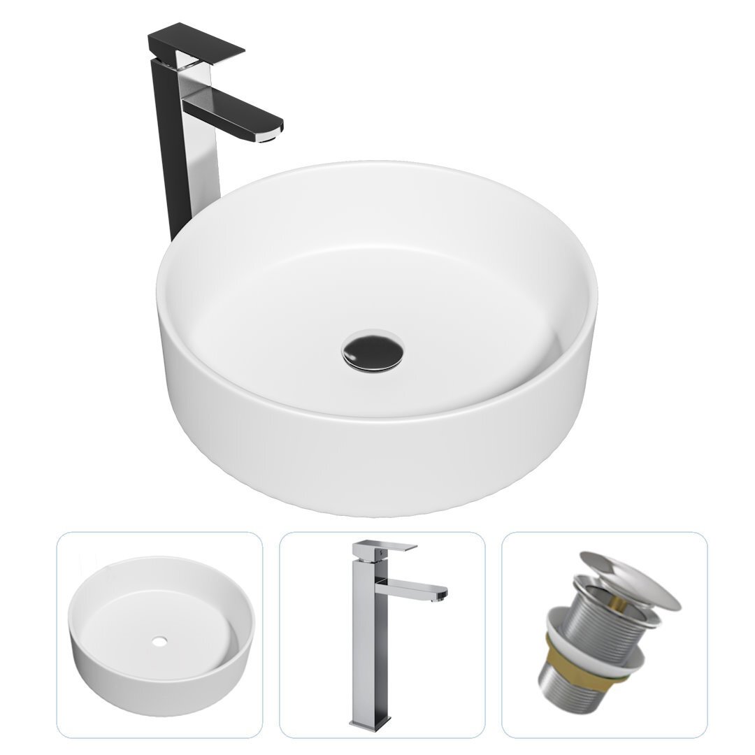 Изображение товара Комплект Teymi раковина F01695 Lina D35 накладная, смеситель Helmi Pro высокий, хром, выпуск Teymi без перелива хром F01695