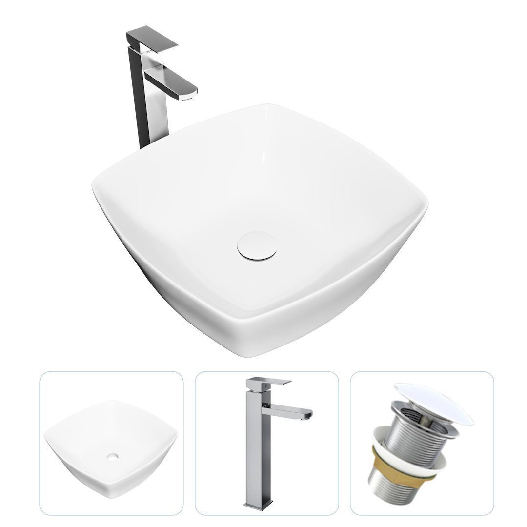 Изображение товара Комплект Teymi раковина F01735 Kati 43 накладная, смеситель Helmi Pro высокий, хром, выпуск Teymi без перелива белый F01735