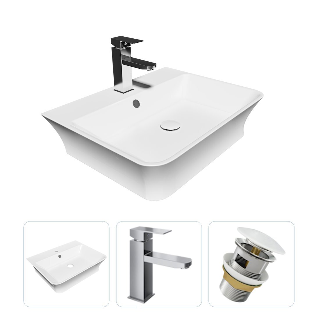 Изображение товара Комплект раковина Teymi Aina 49 с полочкой смеситель Helmi Pro хром и донный клапан