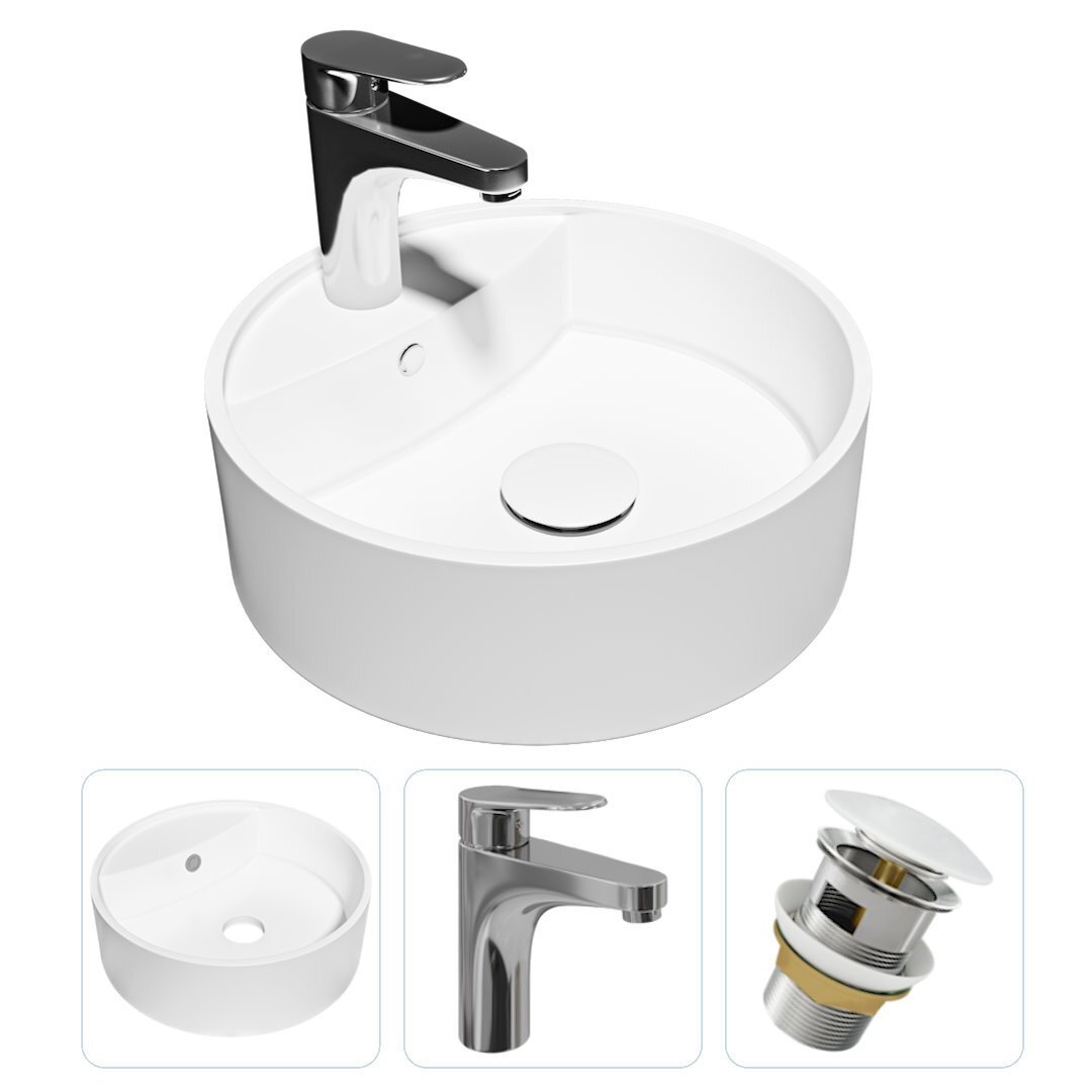 Изображение товара Комплект Teymi раковина F01657 Lina S D40 с полочкой, смеситель Ritta, хром, выпуск Teymi с переливом белый F01657