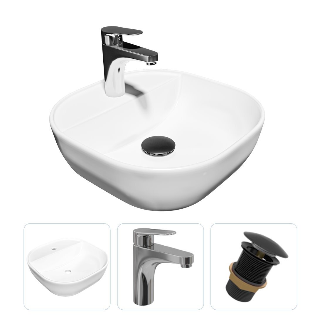 Изображение товара Комплект Teymi раковина F01667 Solli 40 накладная с полочкой, смеситель Ritta, хром, выпуск Teymi без перелива черный F01667