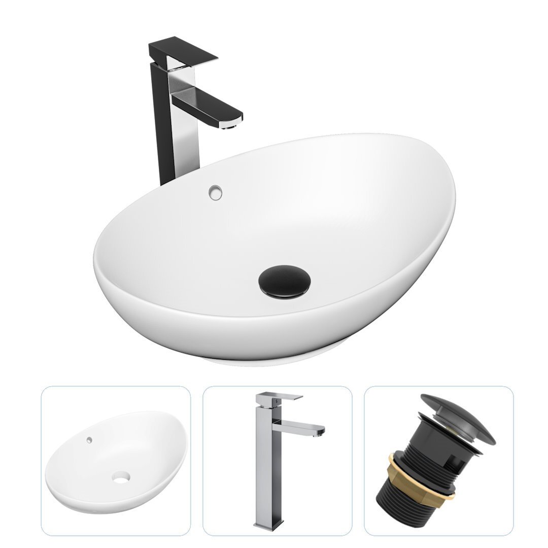 Изображение товара Комплект Teymi раковина F01685 Lori 60 накладная, смеситель Helmi Pro высокий, хром, выпуск Teymi с переливом черный F01685