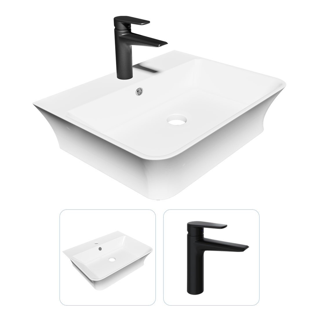 Изображение товара Комплект раковина Teymi Aina 49 с полочкой и смеситель Kati черный матовый