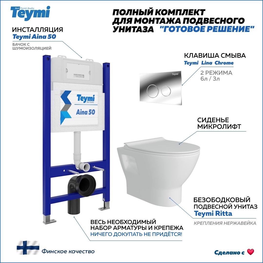 Изображение товара Комплект инсталляции и унитаза Teymi Ritta F00736 с подвесным унитазом и клавишей Lina хром