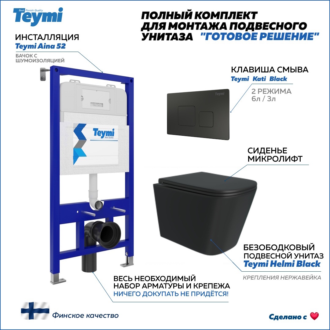 Изображение товара Комплект установки инсталляции TEYMI T70796 черный для подвесного унитаза