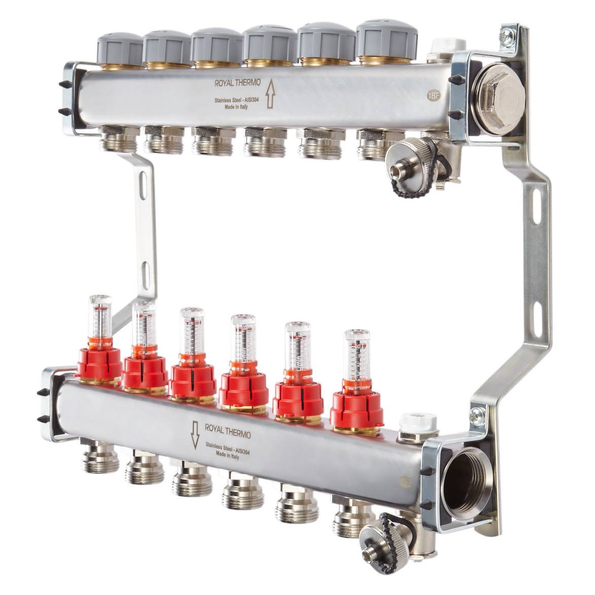 Изображение товара Коллекторная группа Royal thermo с расходомерами на 8 выходов 1"x3/4" нержавеющая сталь евроконус