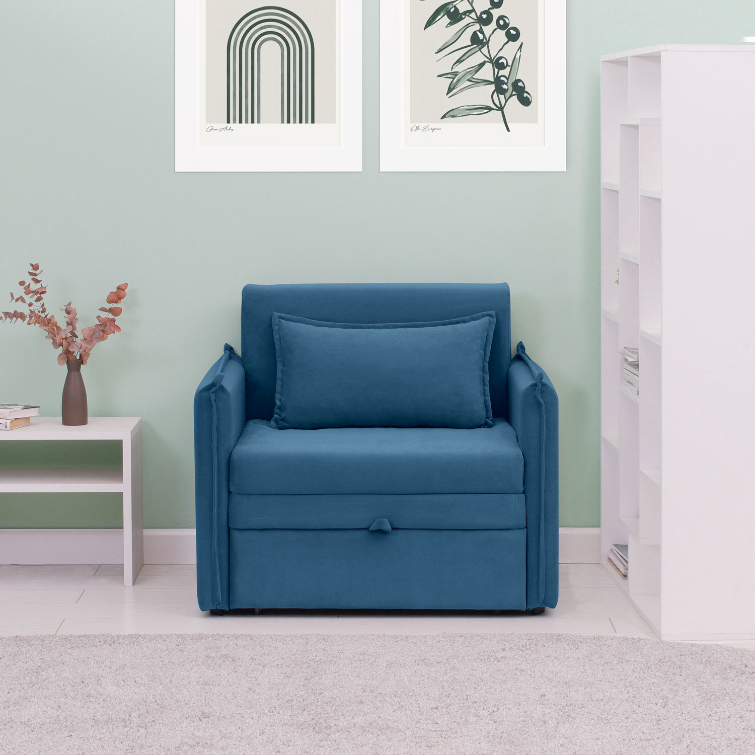 Изображение товара Элегантное синее кресло-кровать NRAVA Candy с ящиком и раскладным механизмом