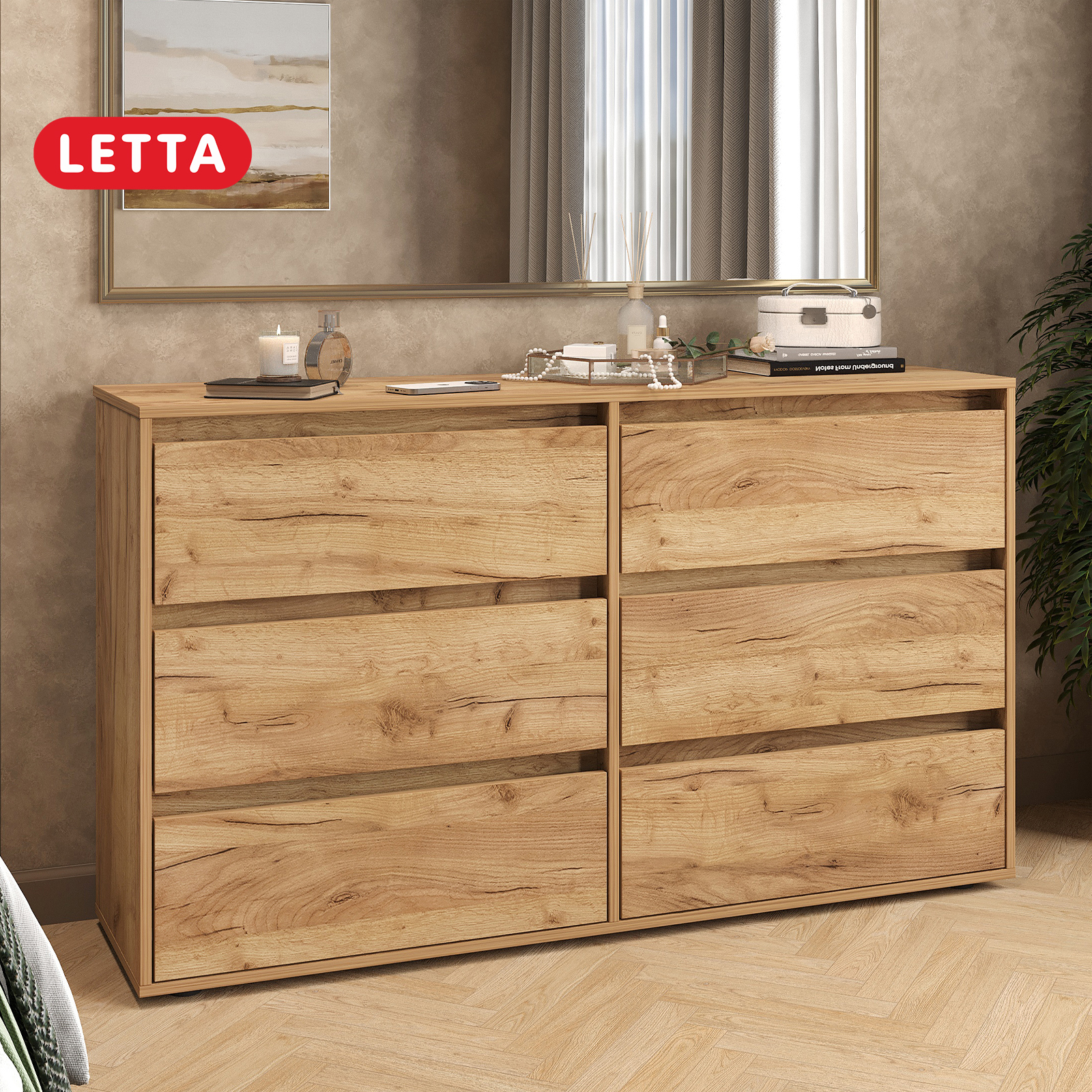 Изображение товара Комод Мф приволжская City new 6 ящиков 140.2x39.4x82.7 см ЛДСП цвет дуб крафт золотой