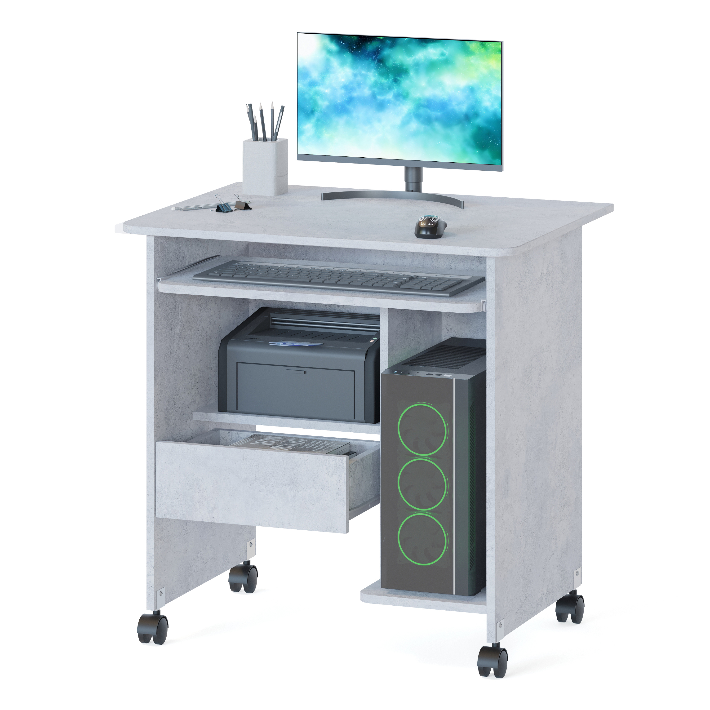 Изображение товара Стол СОКОЛ-Т КСТ-10.1 Бетон компьютерный стол с ящиком и колесами