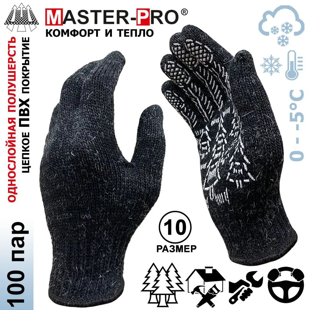 Изображение товара Полушерстяные утепленные перчатки Masterpro 7007-WINPVC-100, черно-серые, XL