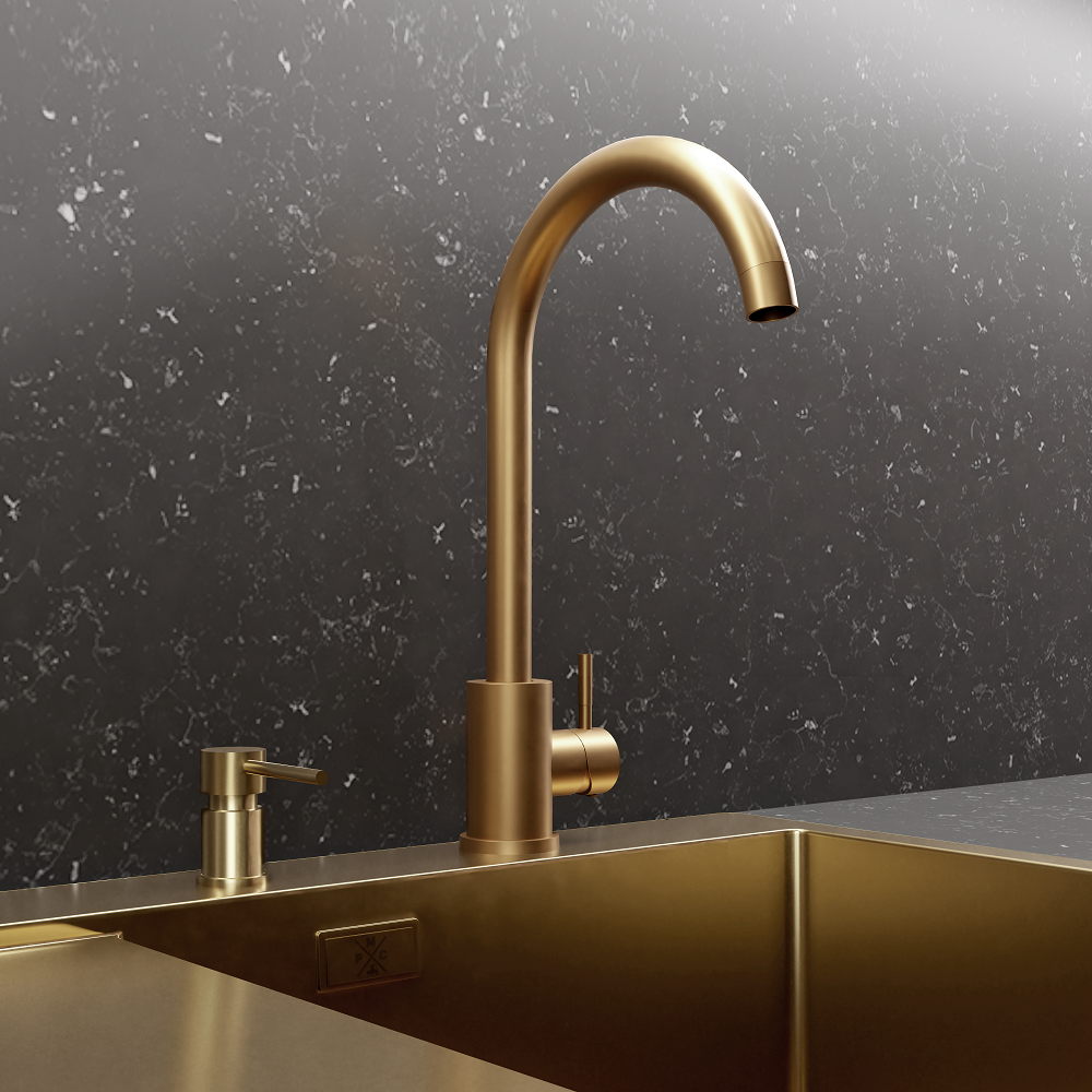 Изображение товара Смеситель кухонный поворотный из нержавеющей стали в золотом цвете RМС 25 см