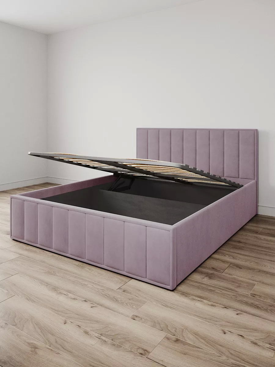 Изображение товара Двуспальная кровать ЛАНА 160x200 с подъемным механизмом и ящиком, современный стиль, розовая ткань