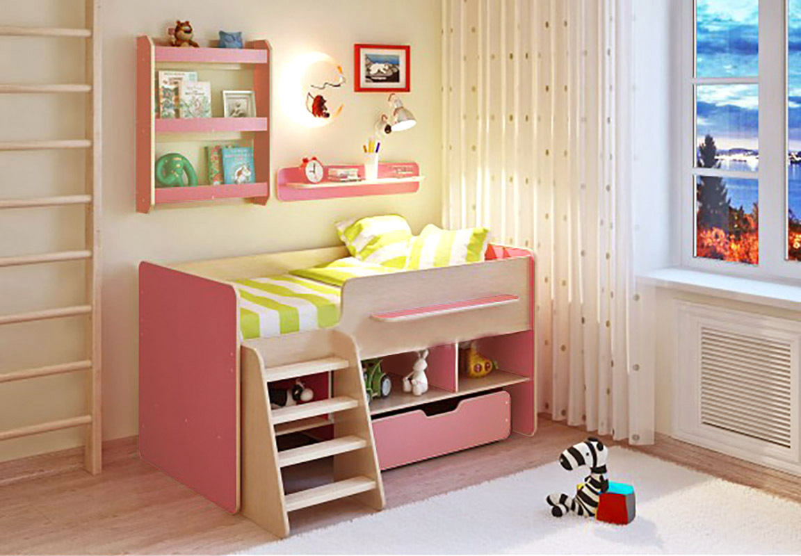 Изображение товара Кровать с полками-чердак Кариви Сказка 165x90x125 см ЛДСП цвет дуб молочный/розовый